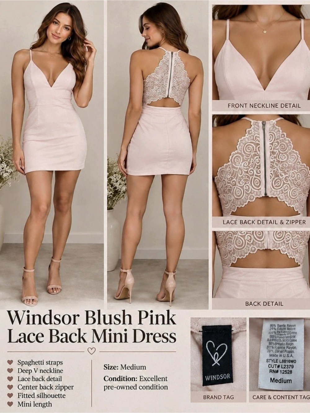Windsor Blush Pink Lace Back Mini Dress Lace Back Mini Dress in Pink Size Medium